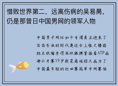 惜败世界第二，远离伤病的吴易昺，仍是那昔日中国男网的领军人物