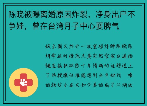陈晓被曝离婚原因炸裂,净身出户不争娃,曾在台湾月子中心耍脾气