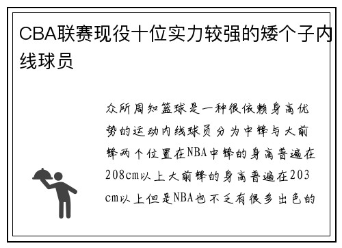 CBA联赛现役十位实力较强的矮个子内线球员