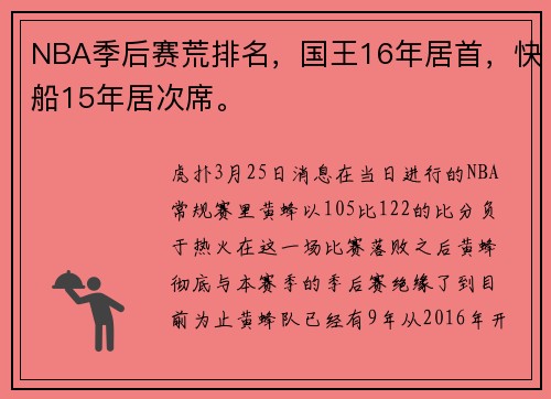 NBA季后赛荒排名,国王16年居首,快船15年居次席。