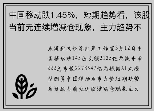 中国移动跌1.45%,短期趋势看,该股当前无连续增减仓现象,主力趋势不明显。主力没有控盘
