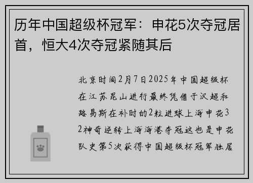 历年中国超级杯冠军：申花5次夺冠居首，恒大4次夺冠紧随其后