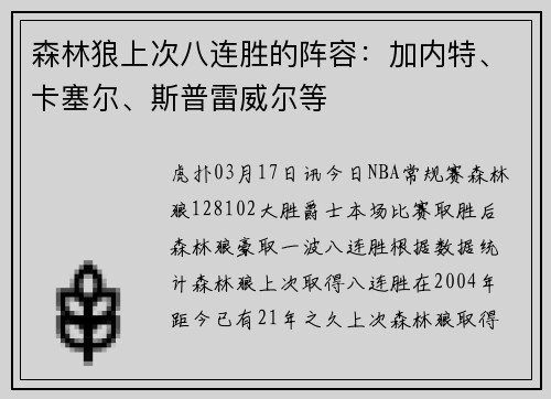 森林狼上次八连胜的阵容：加内特、卡塞尔、斯普雷威尔等